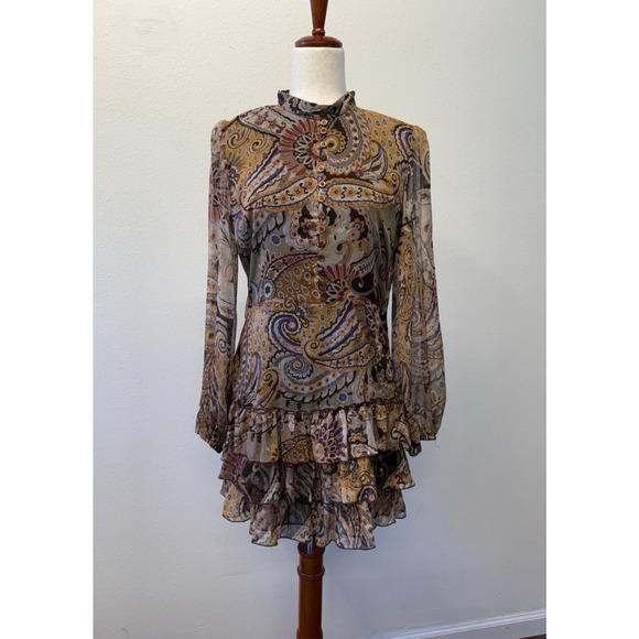 Zara Forest Fairy Dress Womens Size M Sheer Brown Floral Festival Ruffle Whimsy - Picture 1 of 9